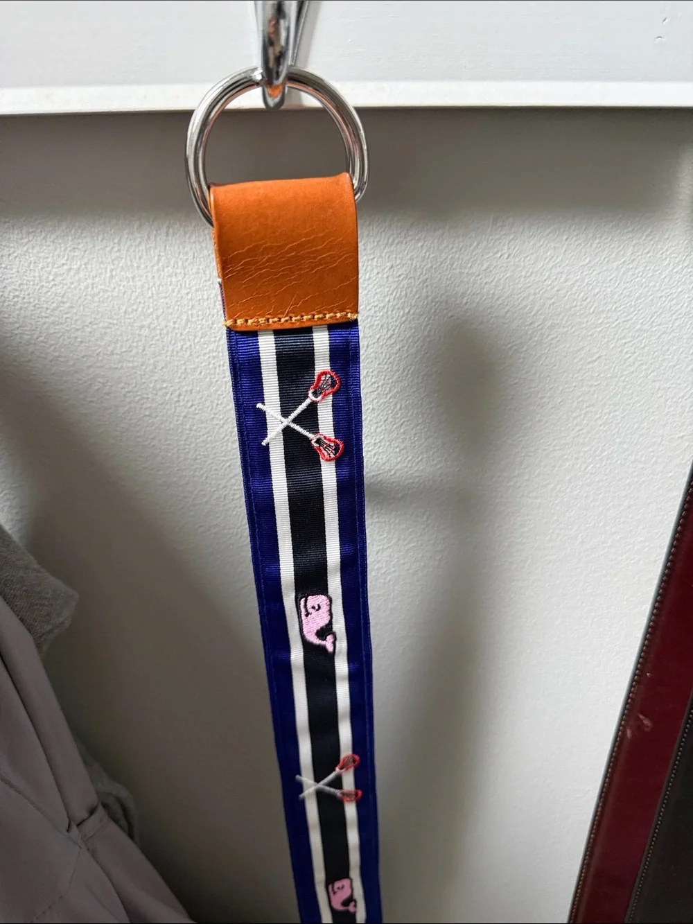Vineyard Vines Navy & Royal Blue Whale Stripe Belt with Leather Trim